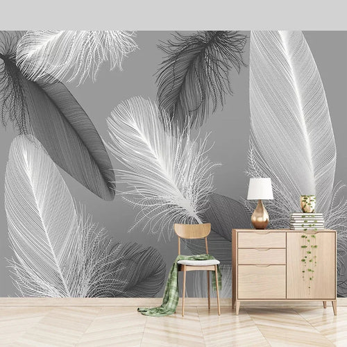 Papier peint panoramique Envol derrière une console en bois clair